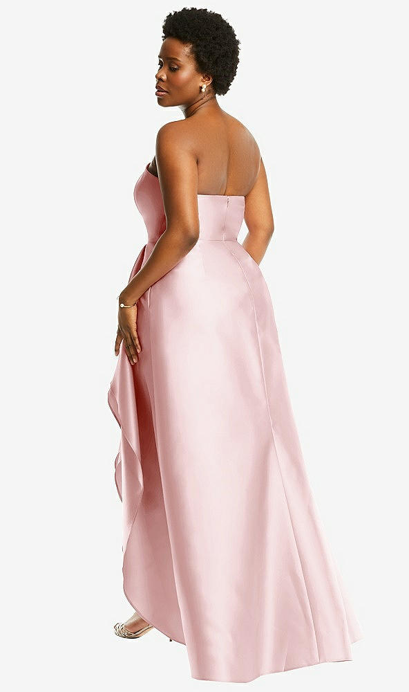 Back View - Ballet Pink Strapless Satin Gown with Draped Front Slit and Pockets