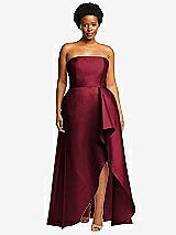 Front View Thumbnail - Burgundy Strapless Satin Gown with Draped Front Slit and Pockets