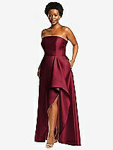 Side View Thumbnail - Burgundy Strapless Satin Gown with Draped Front Slit and Pockets