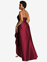 Rear View Thumbnail - Burgundy Strapless Satin Gown with Draped Front Slit and Pockets