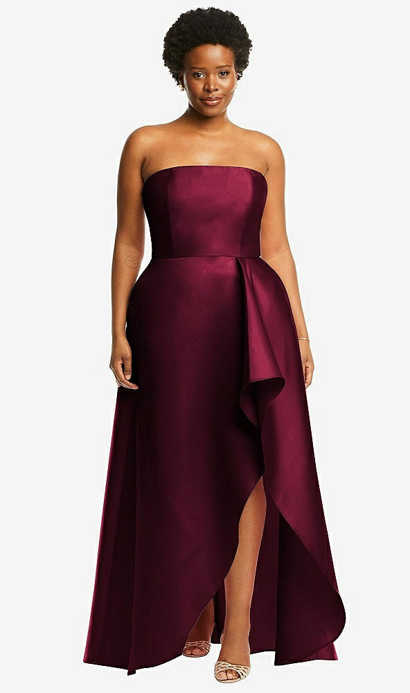 Front View - Cabernet Strapless Satin Gown with Draped Front Slit and Pockets