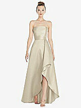 Alt View 1 Thumbnail - Champagne Strapless Satin Gown with Draped Front Slit and Pockets