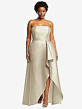 Front View Thumbnail - Champagne Strapless Satin Gown with Draped Front Slit and Pockets