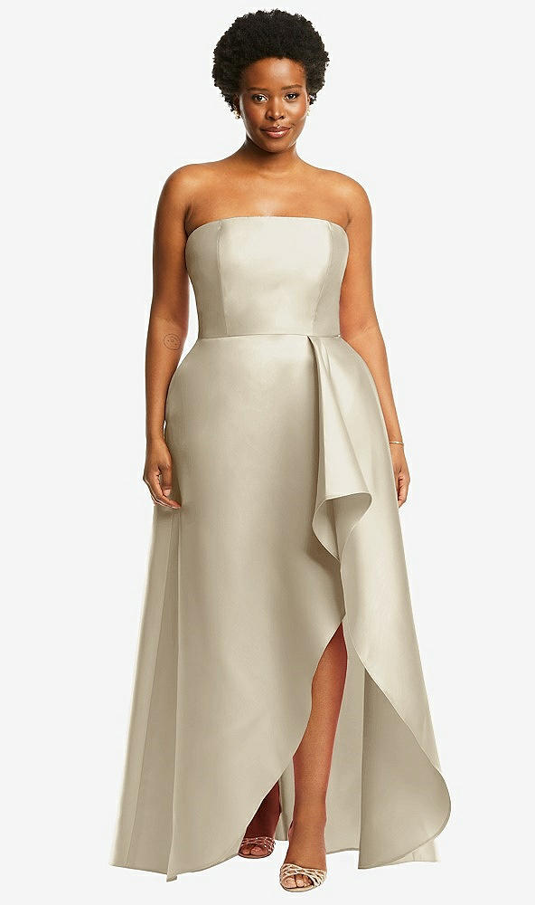 Front View - Champagne Strapless Satin Gown with Draped Front Slit and Pockets