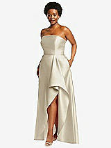 Side View Thumbnail - Champagne Strapless Satin Gown with Draped Front Slit and Pockets