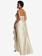 Rear View Thumbnail - Champagne Strapless Satin Gown with Draped Front Slit and Pockets