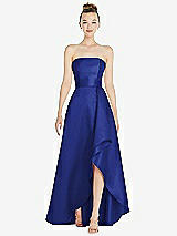 Alt View 1 Thumbnail - Cobalt Blue Strapless Satin Gown with Draped Front Slit and Pockets