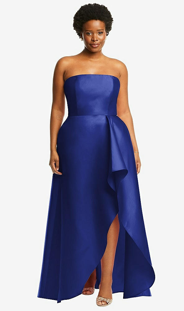 Front View - Cobalt Blue Strapless Satin Gown with Draped Front Slit and Pockets