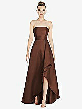 Alt View 1 Thumbnail - Cognac Strapless Satin Gown with Draped Front Slit and Pockets