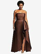 Front View Thumbnail - Cognac Strapless Satin Gown with Draped Front Slit and Pockets