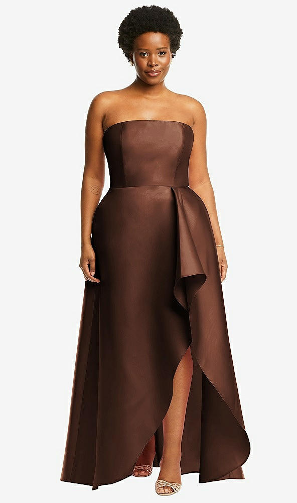 Front View - Cognac Strapless Satin Gown with Draped Front Slit and Pockets