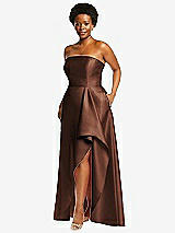 Side View Thumbnail - Cognac Strapless Satin Gown with Draped Front Slit and Pockets