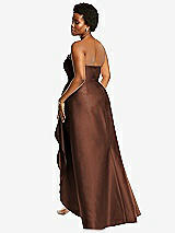 Rear View Thumbnail - Cognac Strapless Satin Gown with Draped Front Slit and Pockets