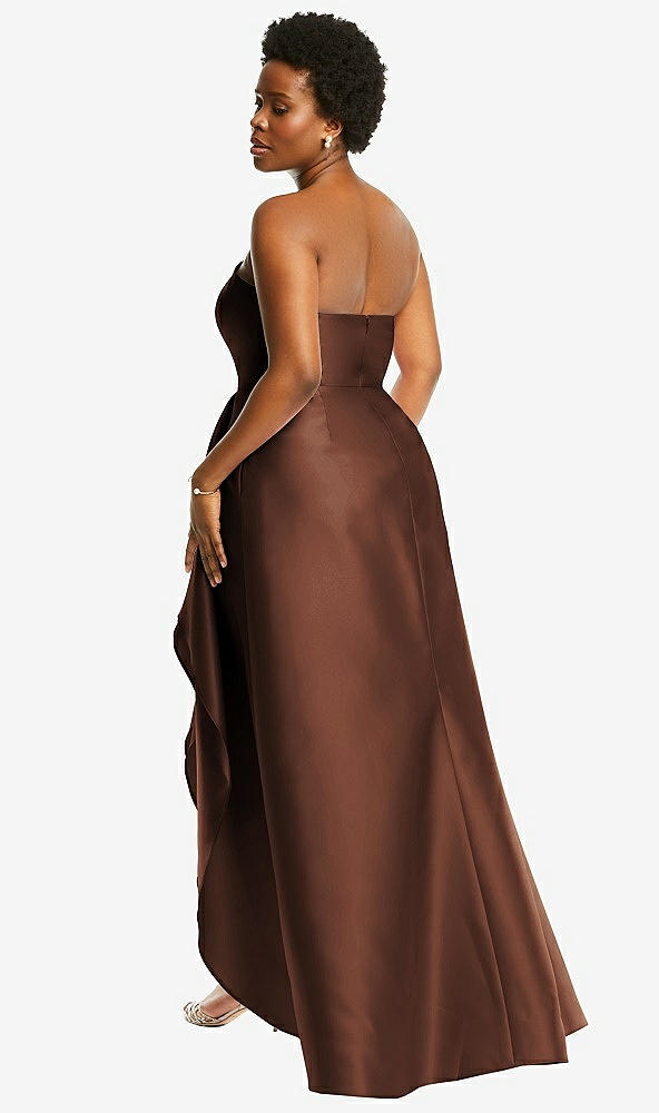 Back View - Cognac Strapless Satin Gown with Draped Front Slit and Pockets