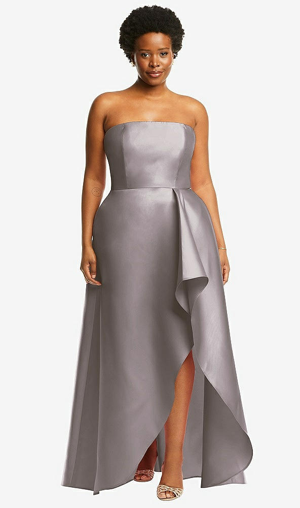 Front View - Cashmere Gray Strapless Satin Gown with Draped Front Slit and Pockets