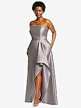 Side View Thumbnail - Cashmere Gray Strapless Satin Gown with Draped Front Slit and Pockets