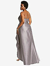 Rear View Thumbnail - Cashmere Gray Strapless Satin Gown with Draped Front Slit and Pockets