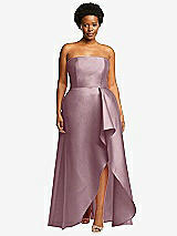 Front View Thumbnail - Dusty Rose Strapless Satin Gown with Draped Front Slit and Pockets