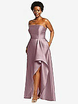 Side View Thumbnail - Dusty Rose Strapless Satin Gown with Draped Front Slit and Pockets
