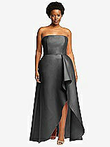 Front View Thumbnail - Gunmetal Strapless Satin Gown with Draped Front Slit and Pockets