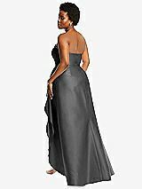 Rear View Thumbnail - Gunmetal Strapless Satin Gown with Draped Front Slit and Pockets
