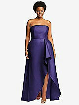 Front View Thumbnail - Grape Strapless Satin Gown with Draped Front Slit and Pockets