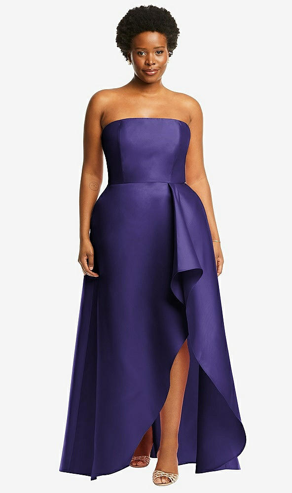 Front View - Grape Strapless Satin Gown with Draped Front Slit and Pockets