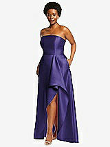 Side View Thumbnail - Grape Strapless Satin Gown with Draped Front Slit and Pockets