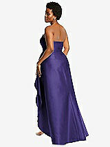 Rear View Thumbnail - Grape Strapless Satin Gown with Draped Front Slit and Pockets