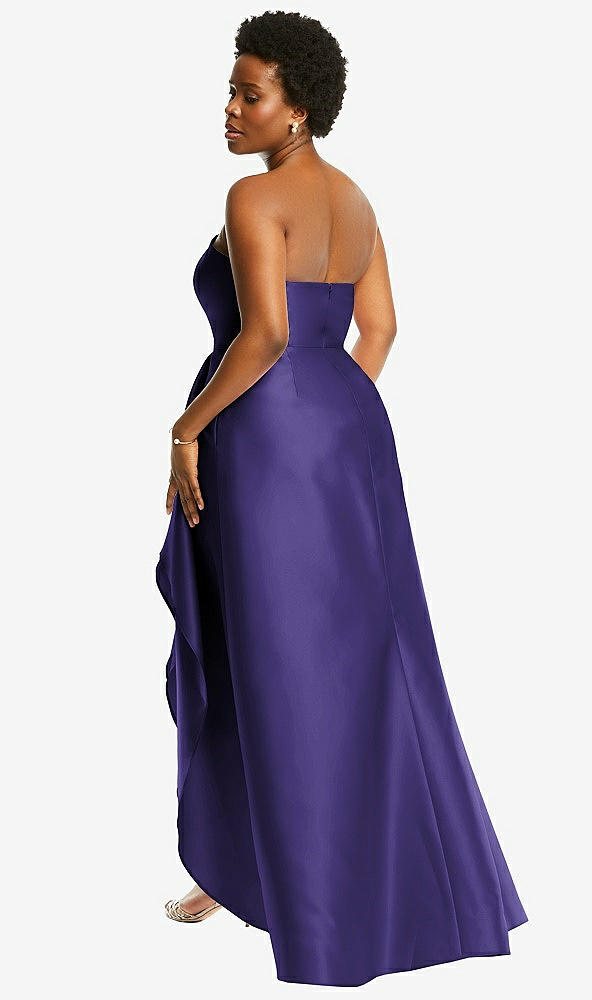 Back View - Grape Strapless Satin Gown with Draped Front Slit and Pockets