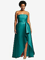 Front View Thumbnail - Jade Strapless Satin Gown with Draped Front Slit and Pockets