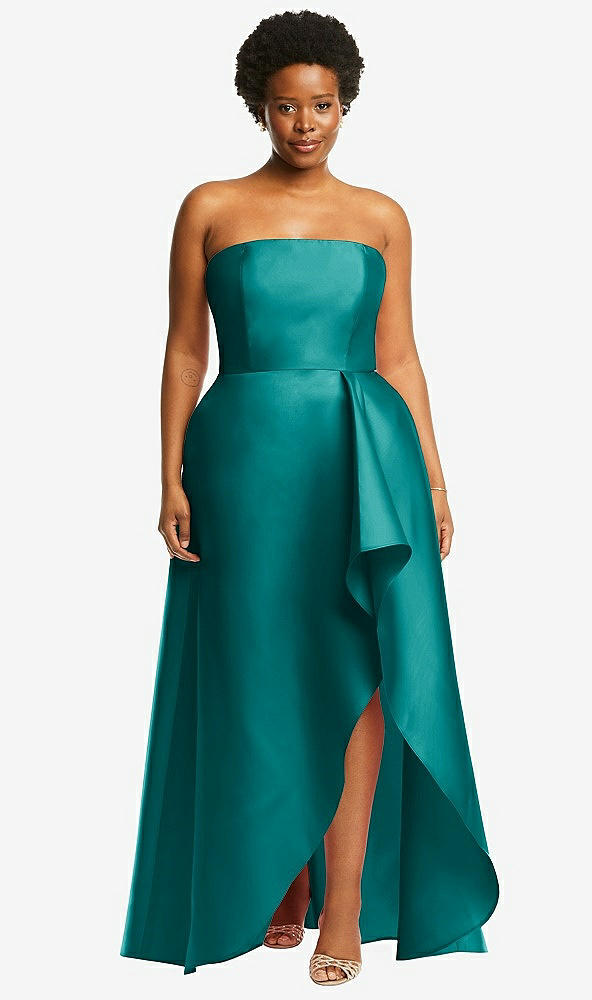 Front View - Jade Strapless Satin Gown with Draped Front Slit and Pockets