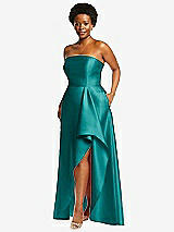 Side View Thumbnail - Jade Strapless Satin Gown with Draped Front Slit and Pockets