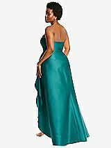 Rear View Thumbnail - Jade Strapless Satin Gown with Draped Front Slit and Pockets