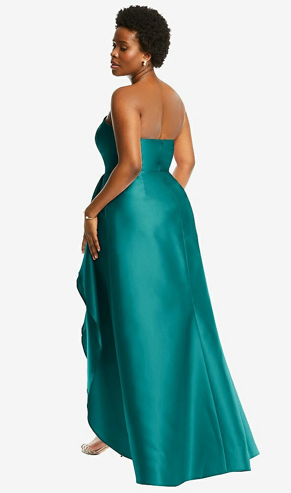 Back View - Jade Strapless Satin Gown with Draped Front Slit and Pockets