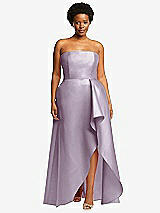 Front View Thumbnail - Lilac Haze Strapless Satin Gown with Draped Front Slit and Pockets