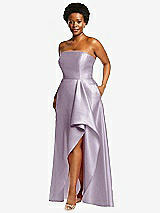 Side View Thumbnail - Lilac Haze Strapless Satin Gown with Draped Front Slit and Pockets