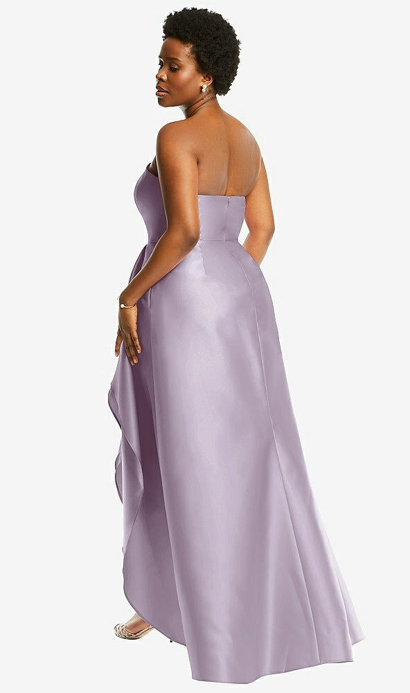 Back View - Lilac Haze Strapless Satin Gown with Draped Front Slit and Pockets