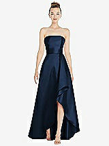 Alt View 1 Thumbnail - Midnight Navy Strapless Satin Gown with Draped Front Slit and Pockets