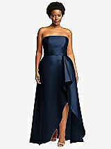 Front View Thumbnail - Midnight Navy Strapless Satin Gown with Draped Front Slit and Pockets
