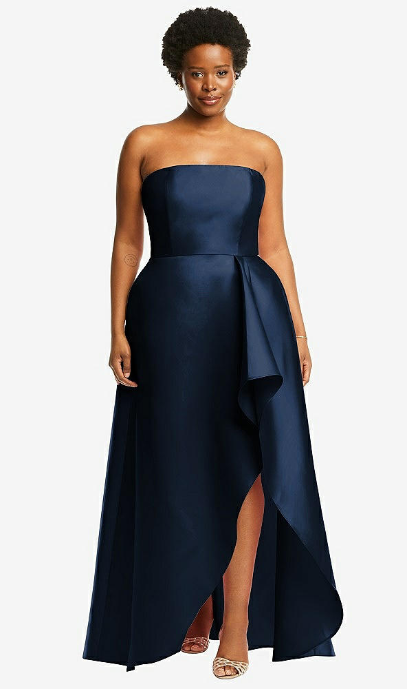 Front View - Midnight Navy Strapless Satin Gown with Draped Front Slit and Pockets