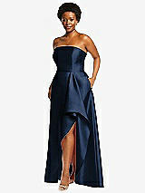 Side View Thumbnail - Midnight Navy Strapless Satin Gown with Draped Front Slit and Pockets