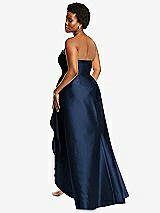 Rear View Thumbnail - Midnight Navy Strapless Satin Gown with Draped Front Slit and Pockets