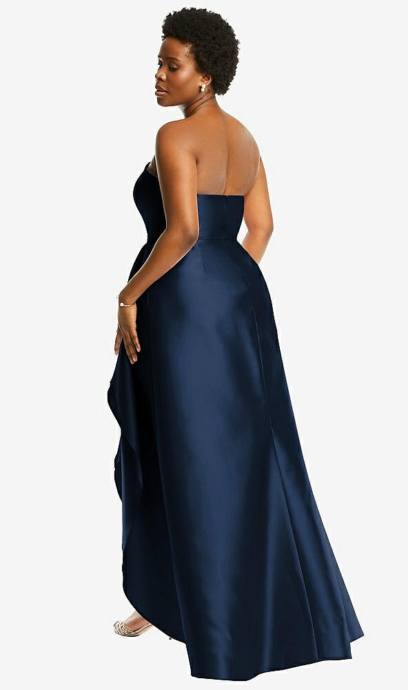 Back View - Midnight Navy Strapless Satin Gown with Draped Front Slit and Pockets