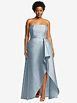 Front View Thumbnail - Mist Strapless Satin Gown with Draped Front Slit and Pockets