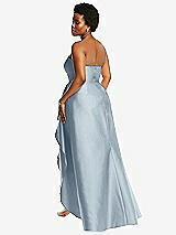 Rear View Thumbnail - Mist Strapless Satin Gown with Draped Front Slit and Pockets