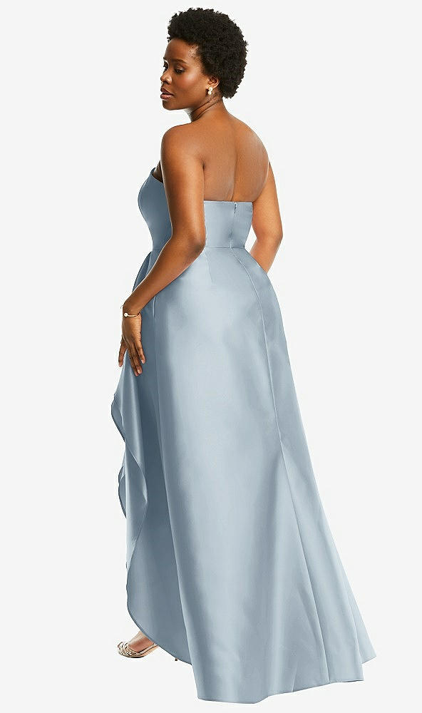 Back View - Mist Strapless Satin Gown with Draped Front Slit and Pockets