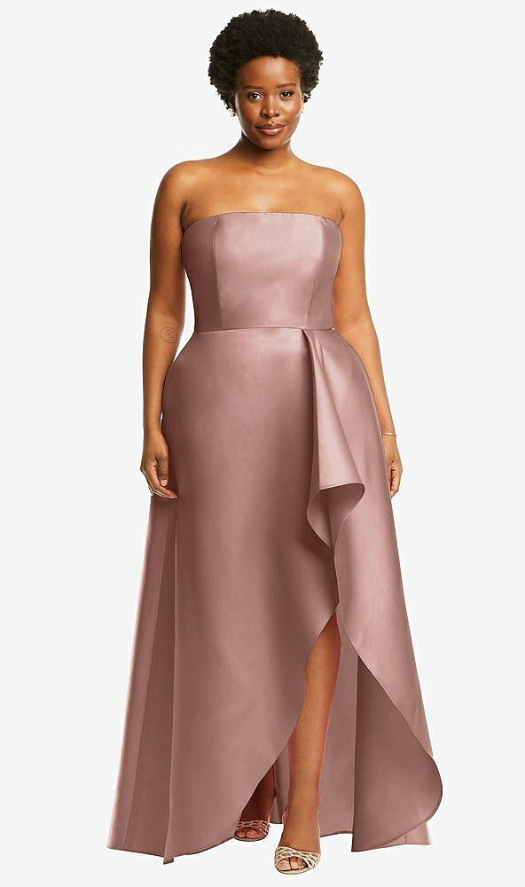 Front View - Neu Nude Strapless Satin Gown with Draped Front Slit and Pockets