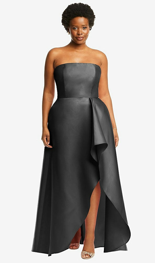 Front View - Pewter Strapless Satin Gown with Draped Front Slit and Pockets