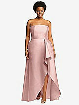 Front View Thumbnail - Rose - PANTONE Rose Quartz Strapless Satin Gown with Draped Front Slit and Pockets